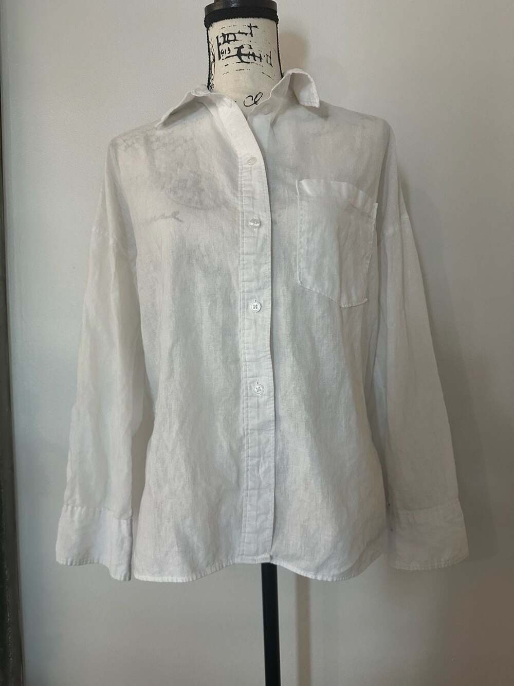 H&M Linen Blend White Long Sleeve Button-Down Shirt